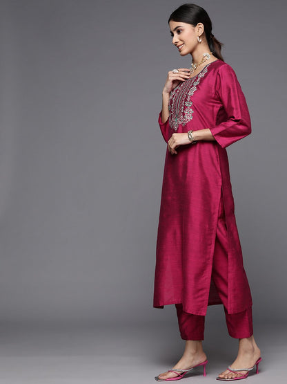 Indyancart VA Women'sEthnic Motifs Embroidered Dupion Silk Kurta With Trousers & With Dupatta