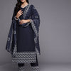 Indyancart IE Women Navy Blue Embroidered Kurta with Trousers & With Dupatta