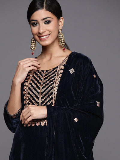 Indyancart VA Women's Winter Velvet Embroidered Kurta with Trousers & With Dupatta