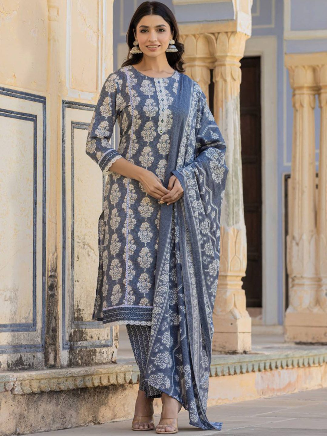 Indyancart VA Women'sEthnic Motifs Printed Regular Thread Work Kurta with Trouser & Dupatta