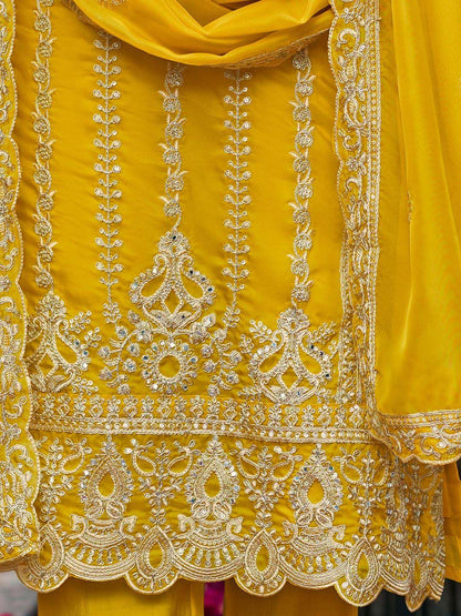 Floral Embroidered V-Neck Zari Organza Kurta With Trousers And Dupatta