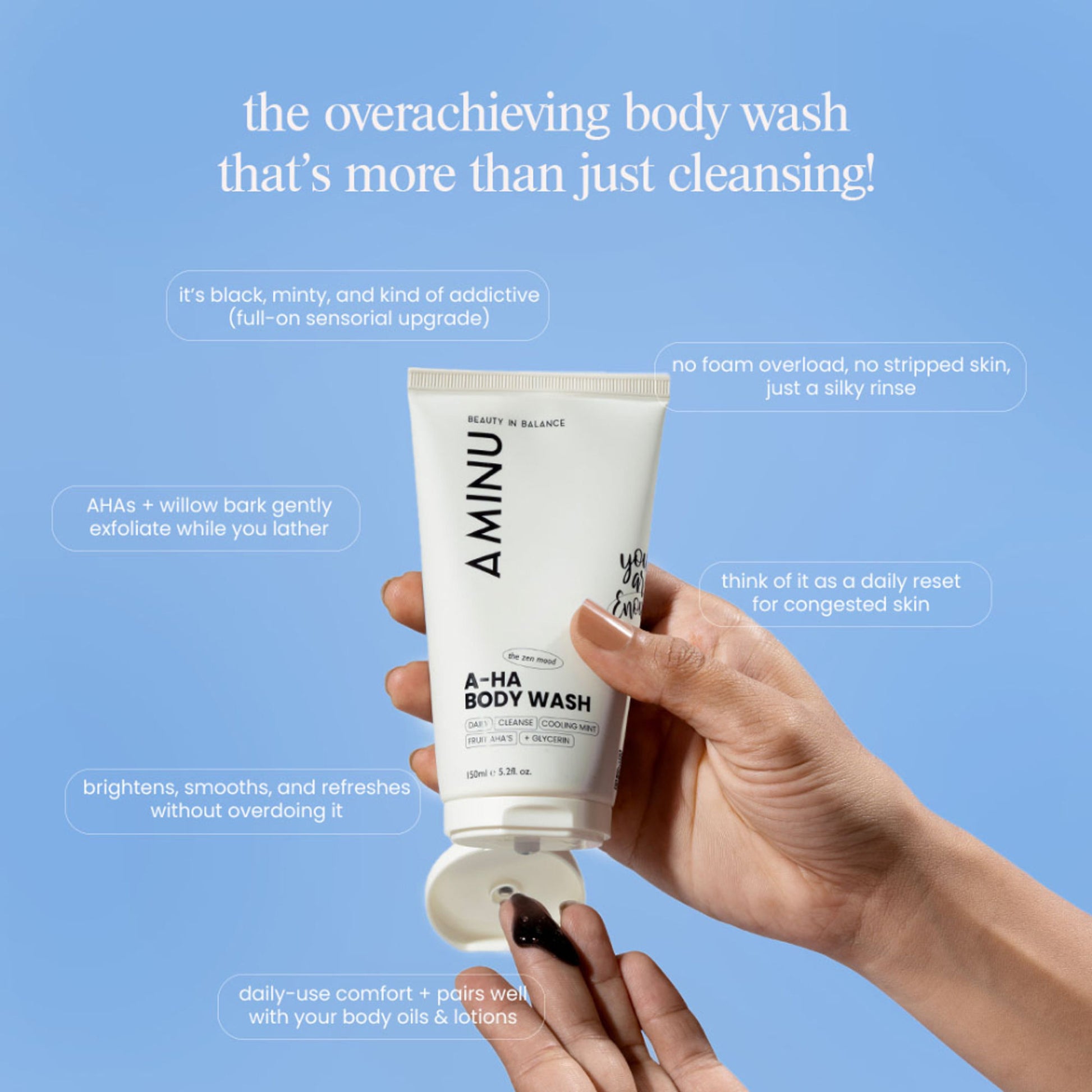 Aminu AHA Body Wash - Exfoliates Rough Texture & Keratosis Pilaris - Charcoal, Glycolic Acid, Mint