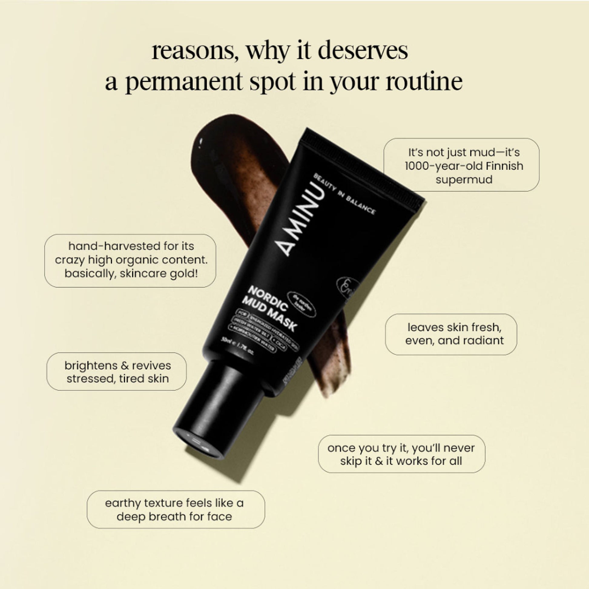 Aminu Nordic Mud Mask -Hydrates, Brightens, Evens Tone -Hyaluronic Acid,CICA, Black Silt