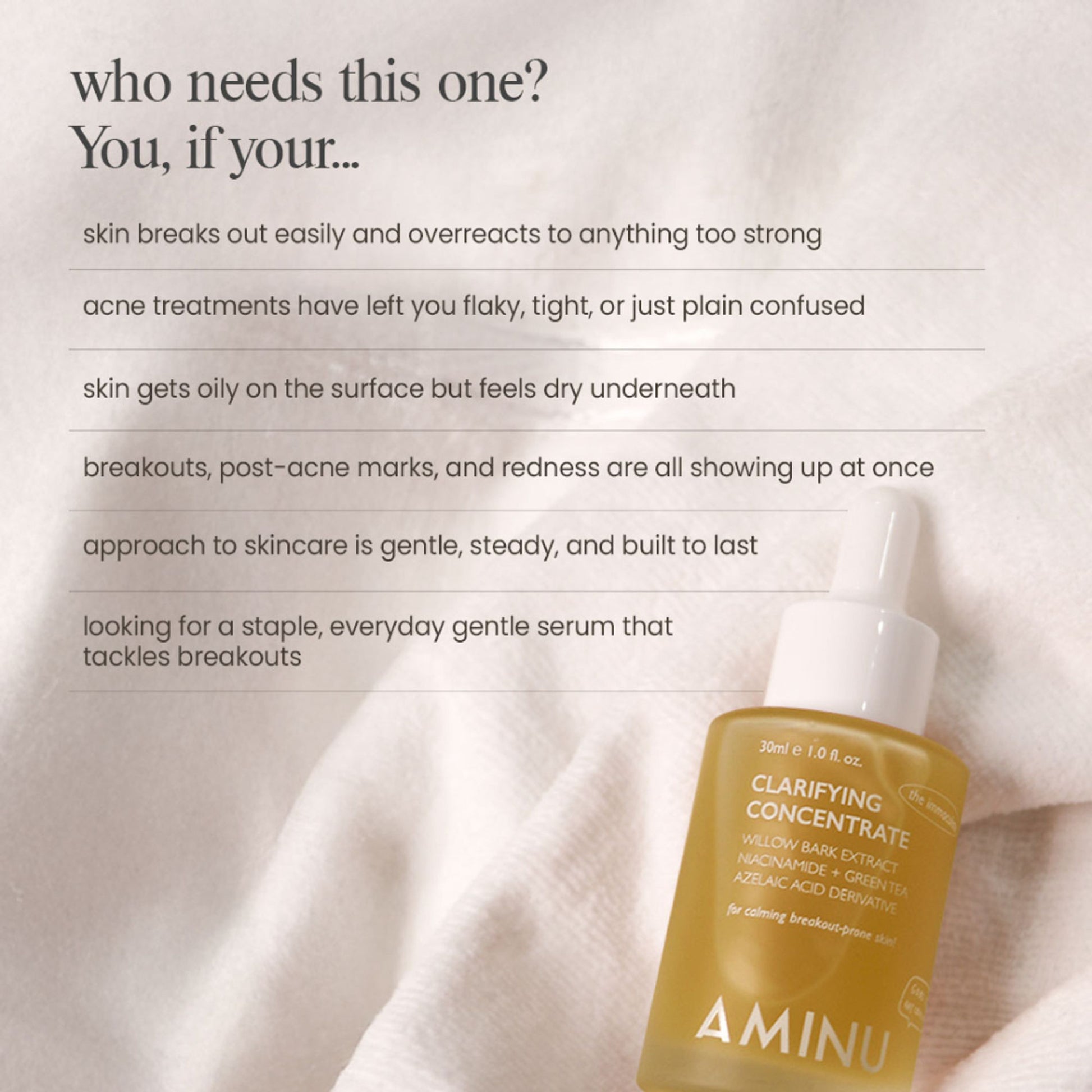 Aminu Clarifying Concentrate -Acne, Breakouts,Redness, Oil Control -Niacinamide, Azelaic, Probiotics