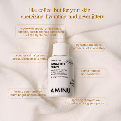 Aminu Longevity Serum Skin Defense-Recovery, Barrier Repair, -NAD+, Caffeine, Hyaluronic Acid, VitC