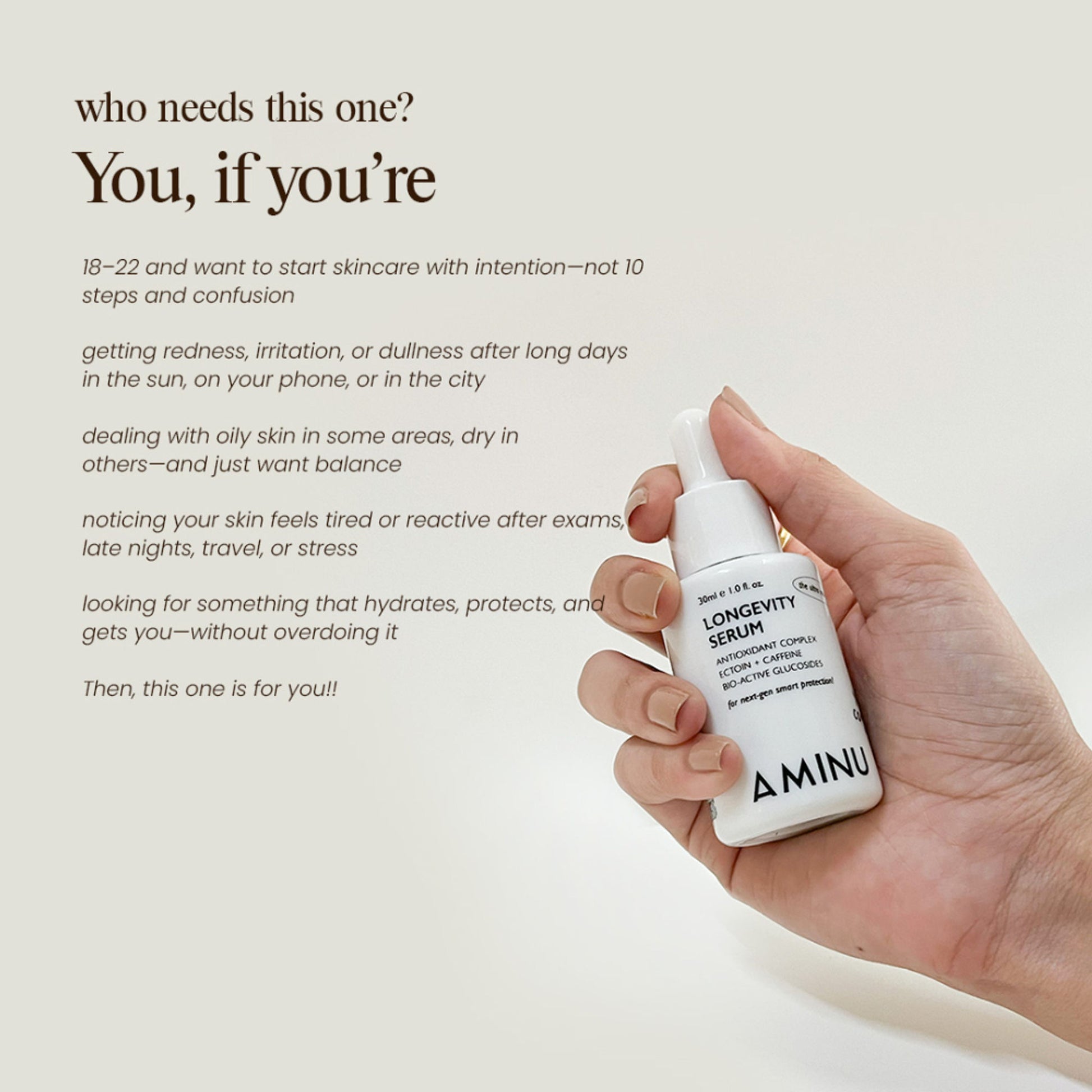 Aminu Longevity Serum Skin Defense-Recovery, Barrier Repair, -NAD+, Caffeine, Hyaluronic Acid, VitC