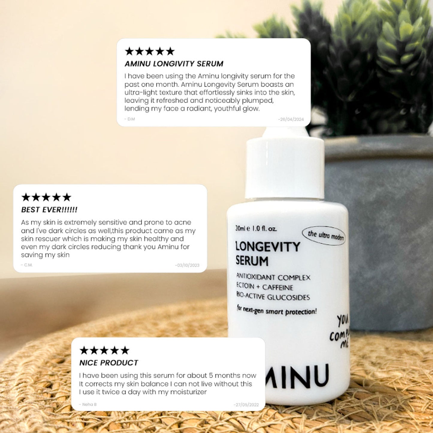 Aminu Longevity Serum Skin Defense-Recovery, Barrier Repair, -NAD+, Caffeine, Hyaluronic Acid, VitC