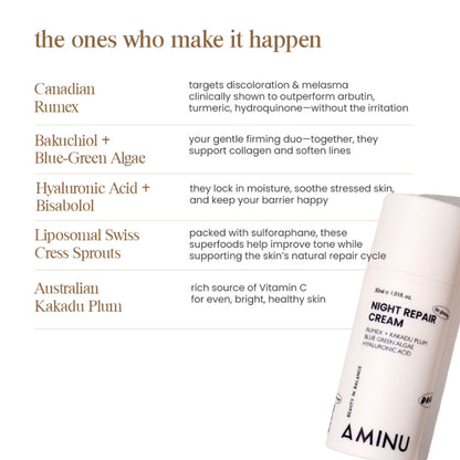 Aminu Night Repair Cream - Pigmentation, Dark Spots & Uneven Tone -Niacinamide, Vitamin C, Bisabolol