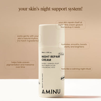 Aminu Night Repair Cream - Pigmentation, Dark Spots & Uneven Tone -Niacinamide, Vitamin C, Bisabolol