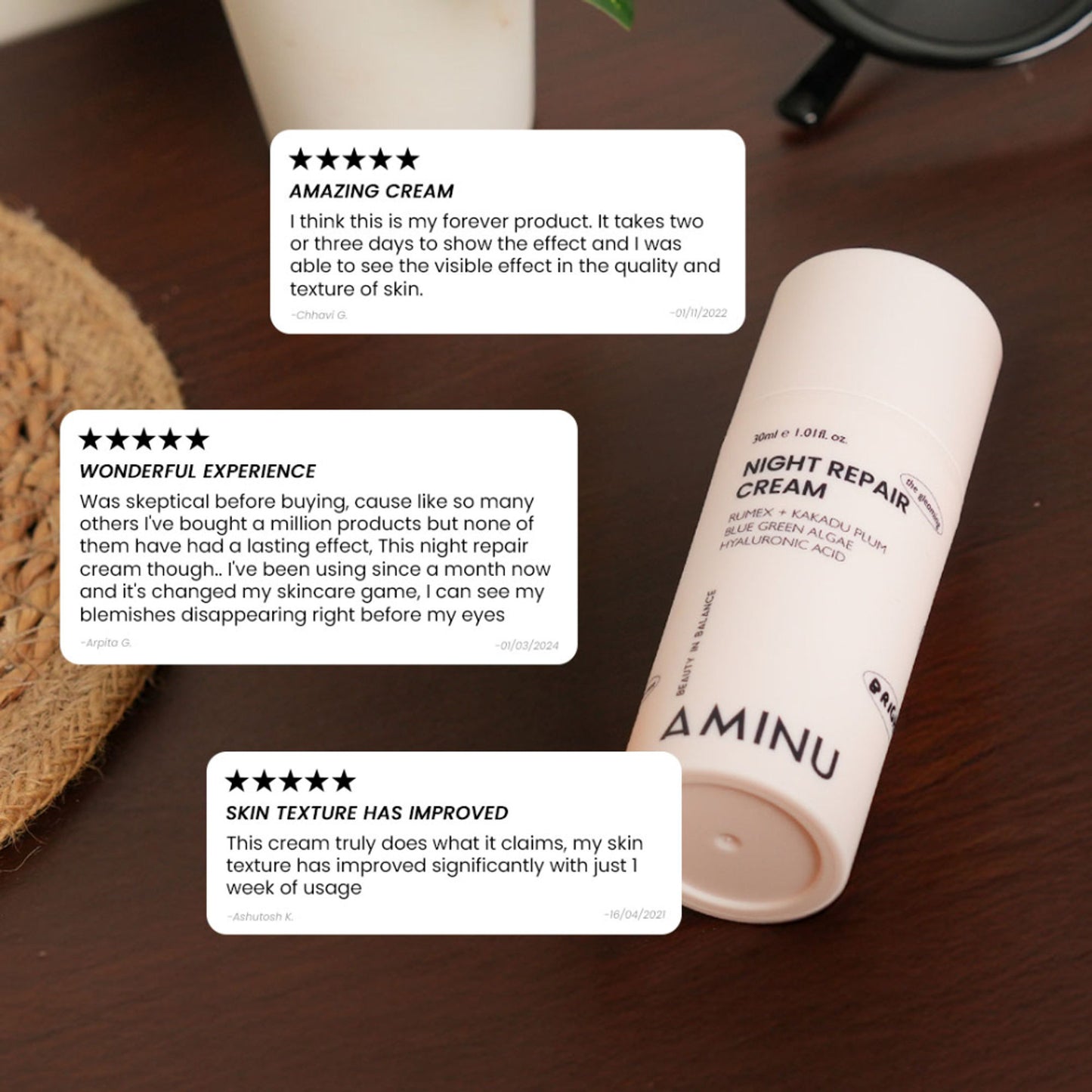 Aminu Night Repair Cream - Pigmentation, Dark Spots & Uneven Tone -Niacinamide, Vitamin C, Bisabolol