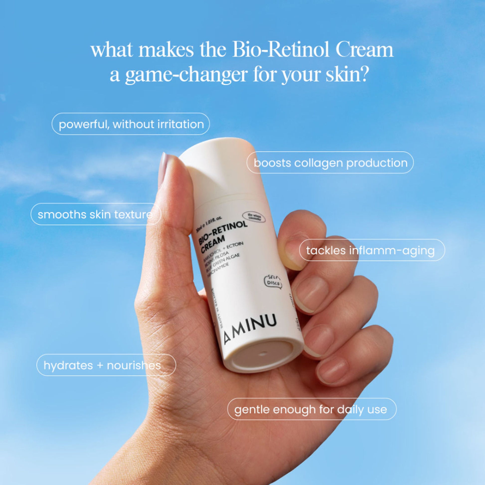 Aminu BioRetinol Cream - Collagen Boost, Barrier Repair, Anti Ageing - Bakuchiol, Plant Retinols