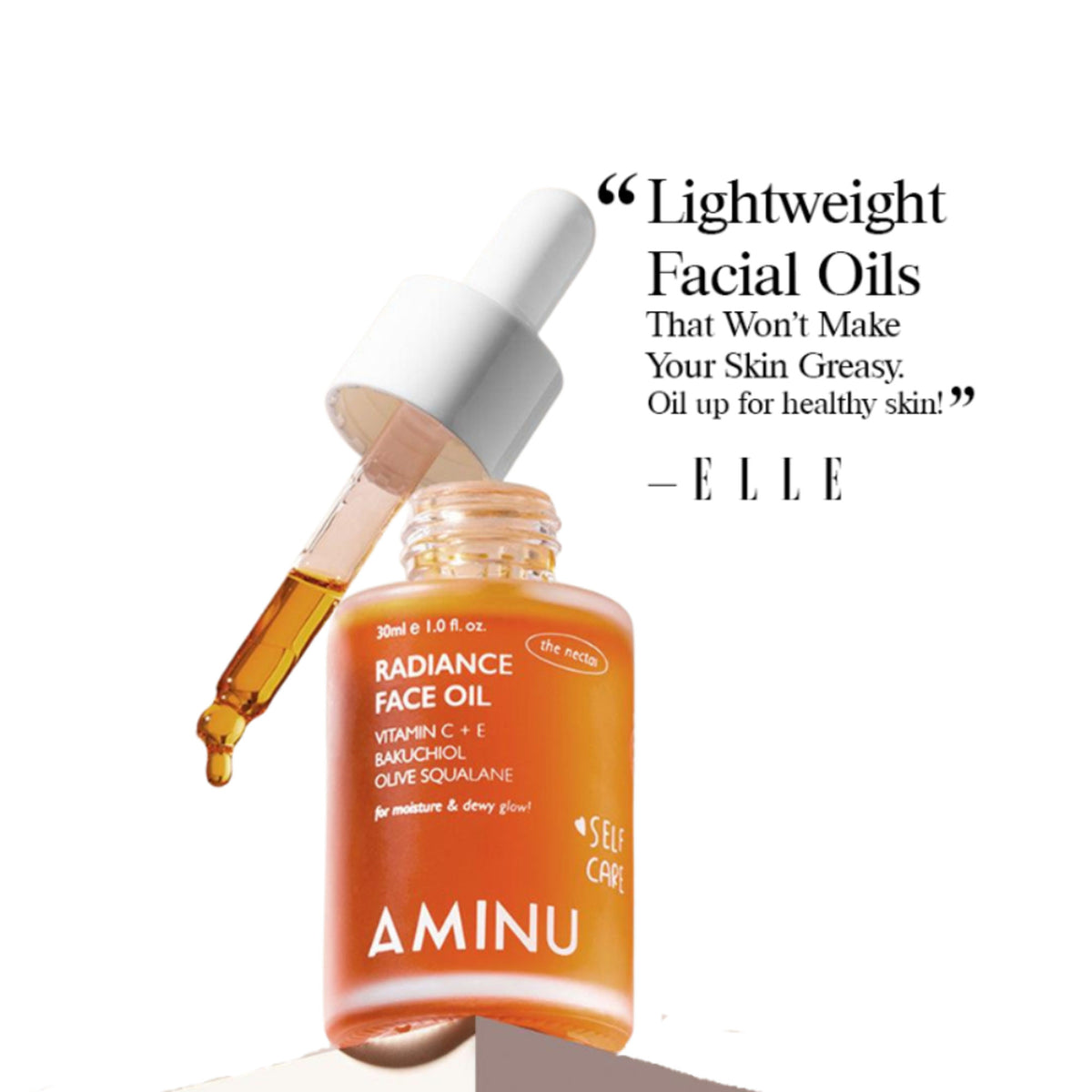 Aminu Radiance Face Oil with squalane and vitamin C, featuring a dropper bottle and glowing skin, promoting brightness and nourishment.