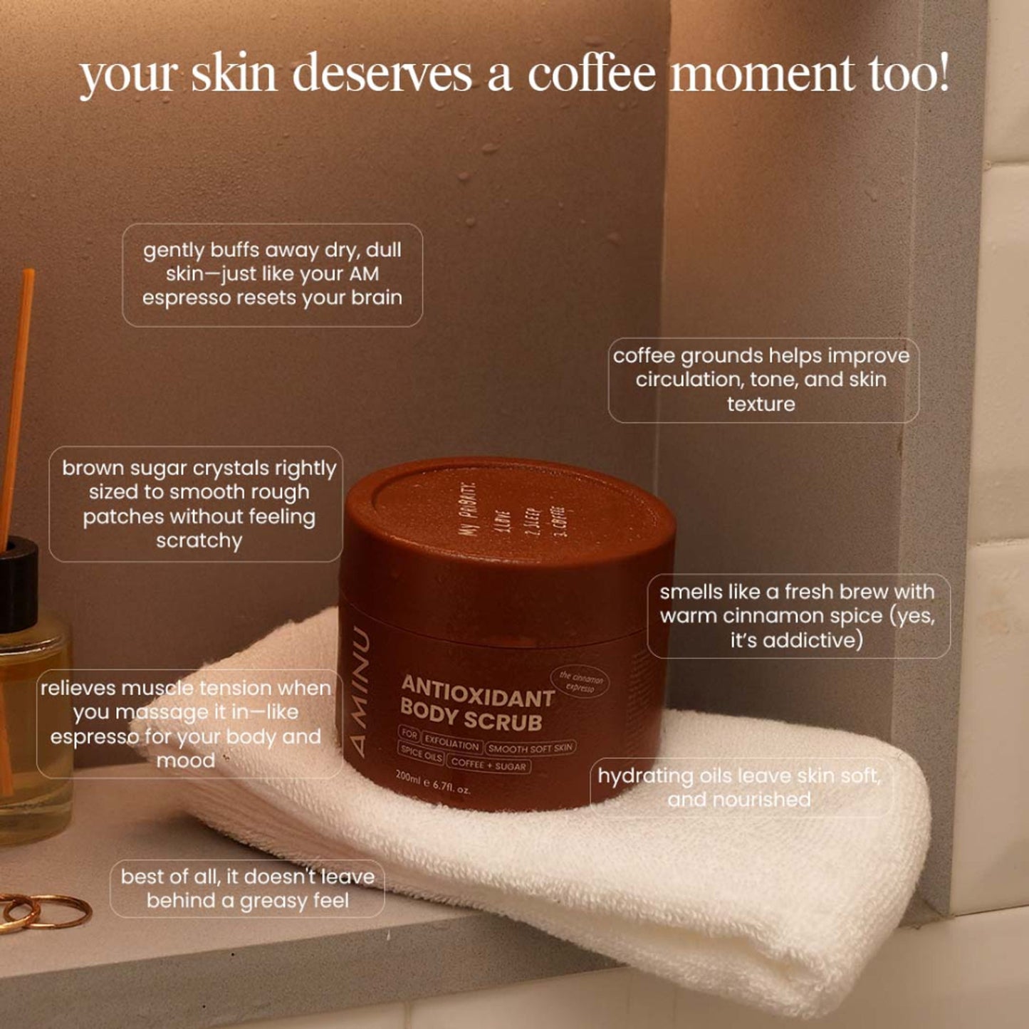 Aminu Antioxidant Body Scrub -Evens Tone, Boosts Circulation, Reduces Cellulite -Coffee, Brown Sugar