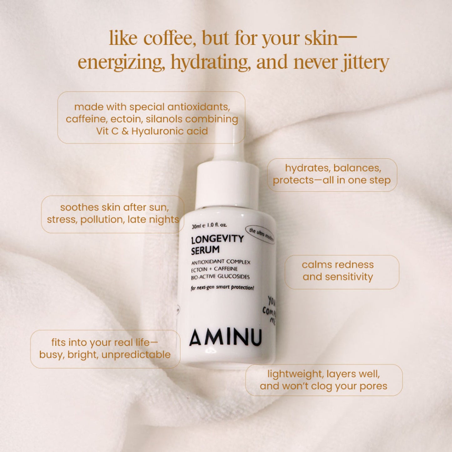 Aminu Longevity Serum Skin Defense-Recovery, Barrier Repair, -NAD+, Caffeine, Hyaluronic Acid, VitC
