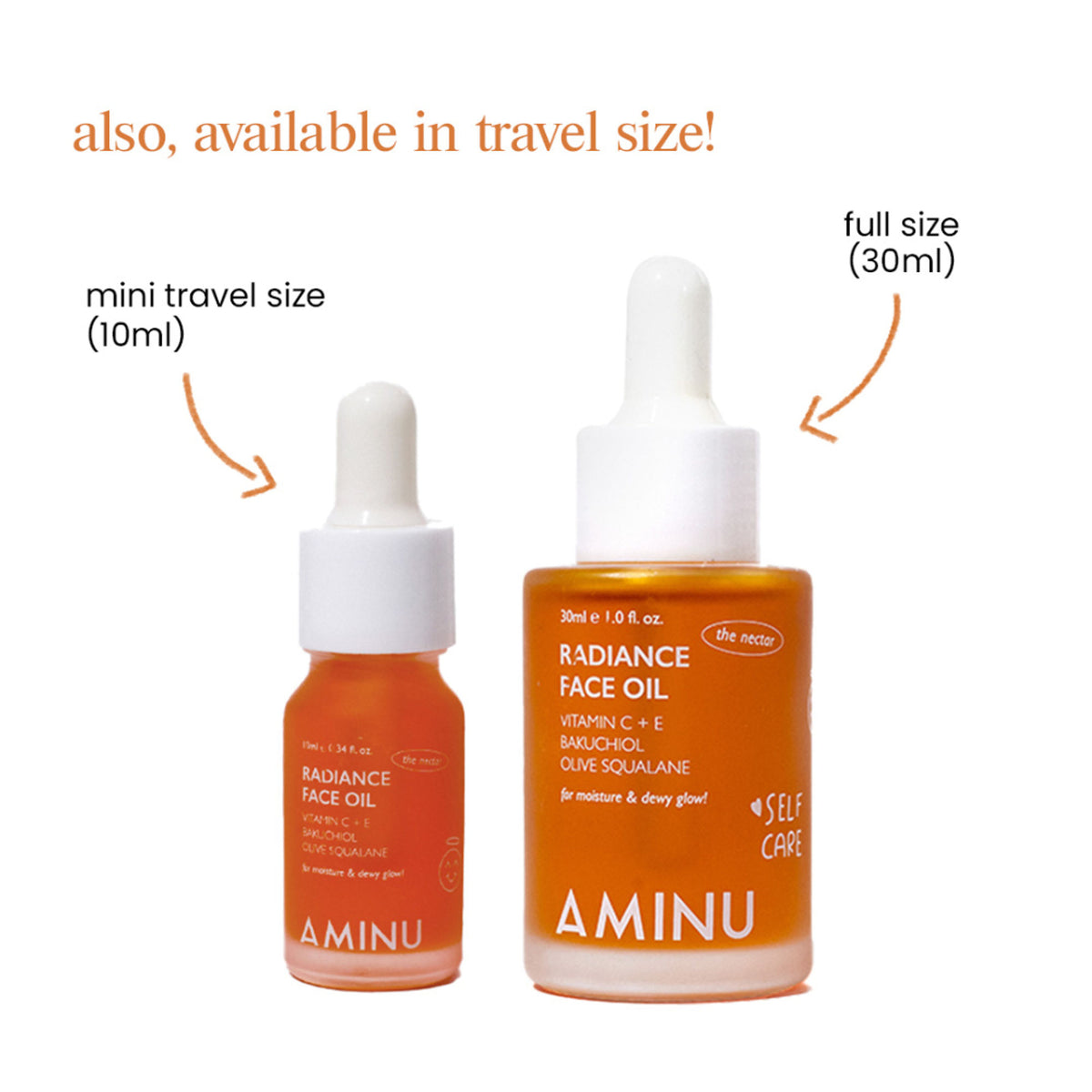 Aminu Radiance Face Oil with squalane and vitamin C, featuring a dropper bottle, highlighting nourishing and brightening skincare.