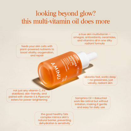 Aminu Radiance Face Oil bottle with squalane and vitamin C, designed to nourish, brighten, and give a natural glow to the skin.