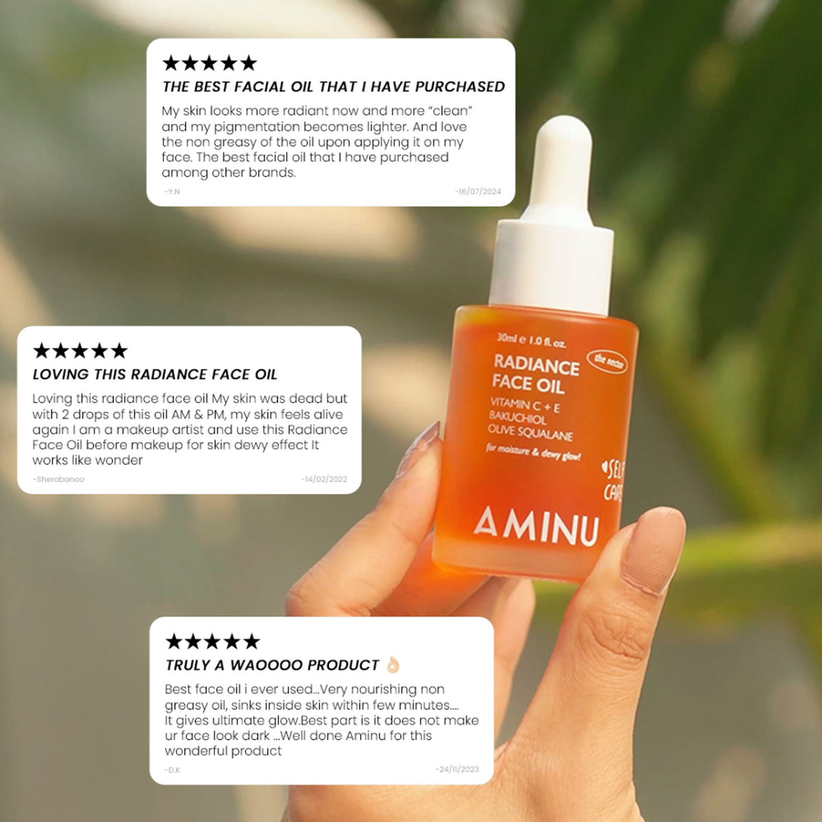 Aminu Radiance Face Oil with squalane and vitamin C, showing a sleek bottle and dropper for nourishing, brightening skin.