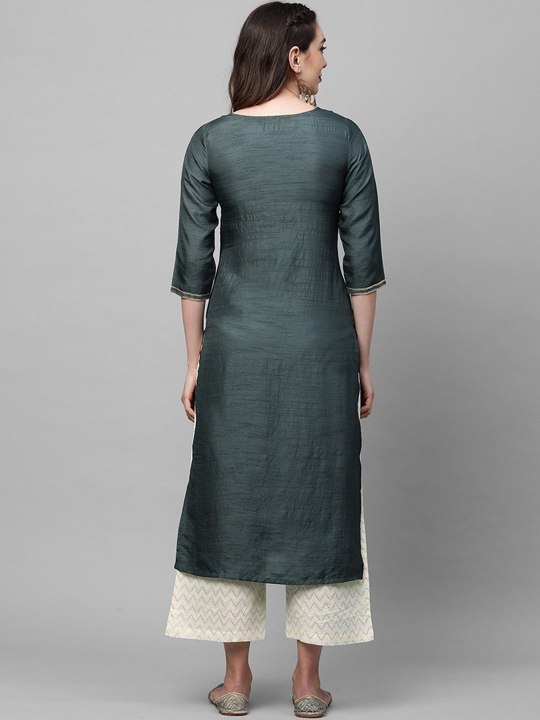 Indyancart IE Women Charcoal Grey Ethnic Motifs Yoke Design Straight Kurta