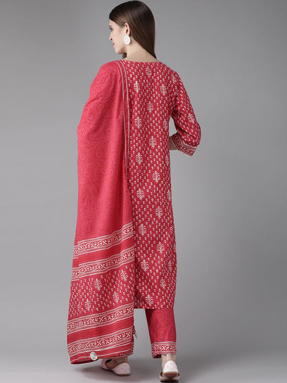 Indyancart IE Women Pink Ethnic Motifs Printed Kurta with Palazzos & With Dupatta
