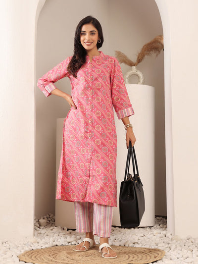 Indyancart VA Women'sBandhani Printed Mandarin Collar Straight Kurta With Trouser
