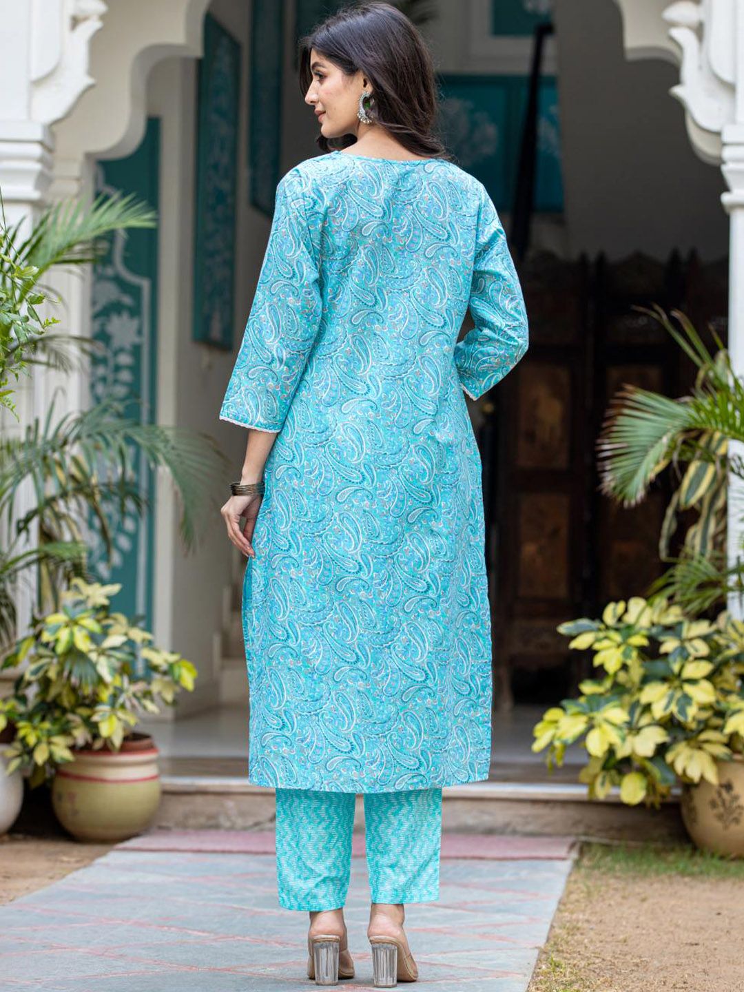 Indyancart VA Women'sPaisley Printed Regular Mirror Work Kurta with Trouser & Dupatta