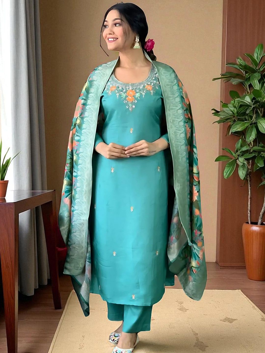 Indyancart SN Women's Floral Embroidered Thread Work Straight Kurta With Trouser And Dupatta