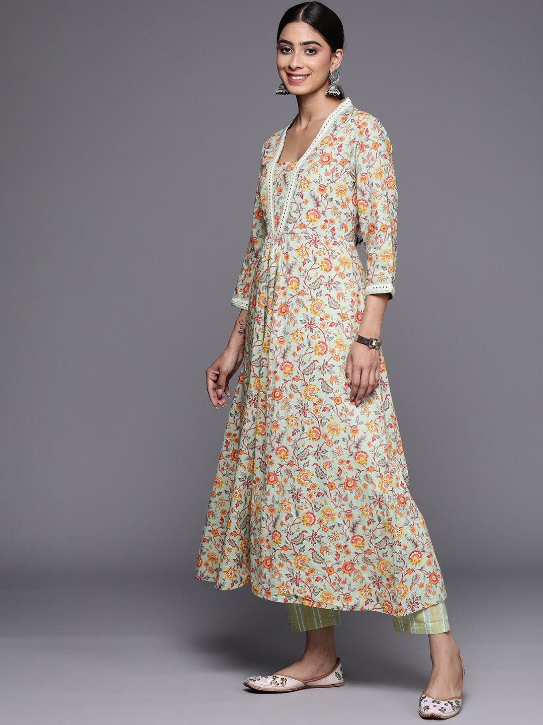 Indyancart VA Women's Floral Printed Mirror Work Kurta with Trousers & With Dupatta Kurta Sets