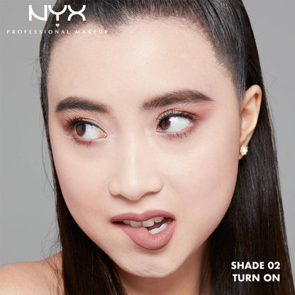 NYX Professional Makeup Lip Lingerie XXL Matte Liquid Lipstick in Turn On shade, showing the sleek lipstick tube and applicator.