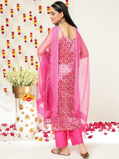 Indyancart VA Women's Batik Abstract Print Shoulder Straps Straight Kurta With Trousers & Dupatta