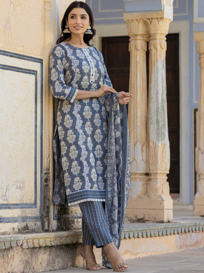Indyancart VA Women'sEthnic Motifs Printed Regular Thread Work Kurta with Trouser & Dupatta
