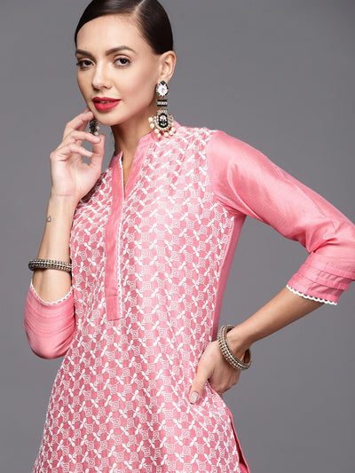 Indyancart IE Women Pink & White Ethnic Motifs Embroidered Kurta with Palazzos