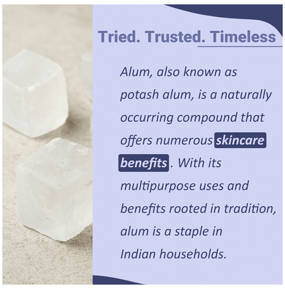 Miniature purified alum powder face pack in a small container, showcasing the fine white powder for skin care.