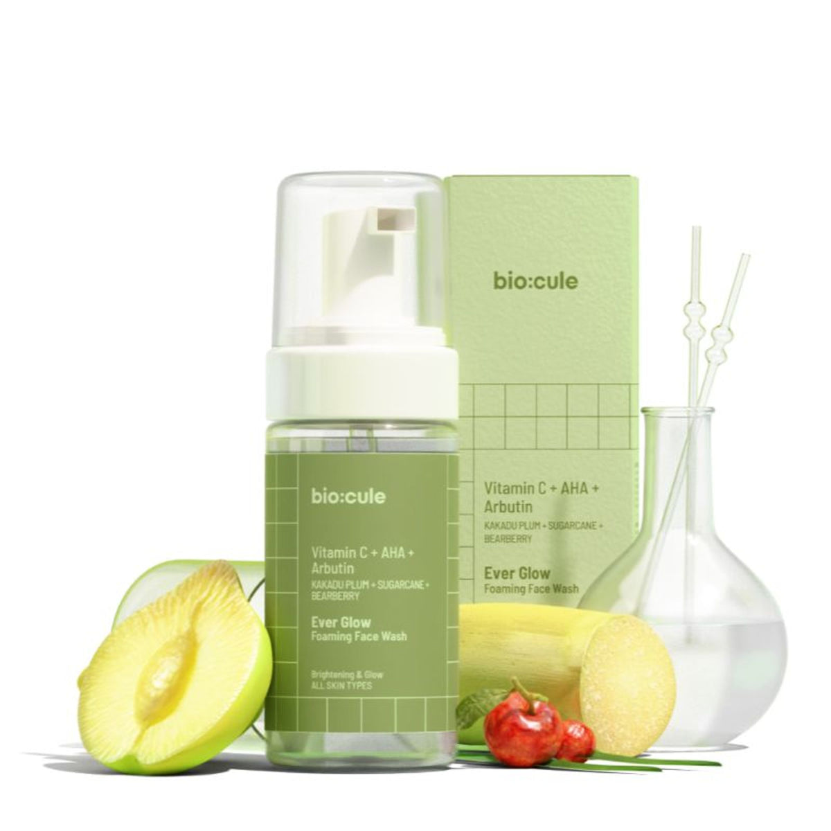 Biocule Ever Glow Vitamin C foaming face wash with AHA and arbutin, showing the bottle and foaming cleanser on a white background.