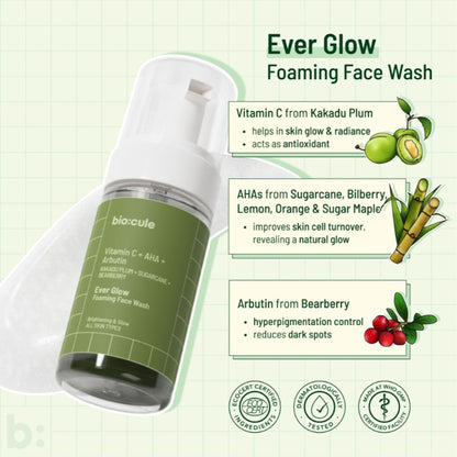 Biocule Ever Glow Vitamin C foaming face wash with AHA and arbutin, showing the cleanser with a pump dispenser and fresh skin.