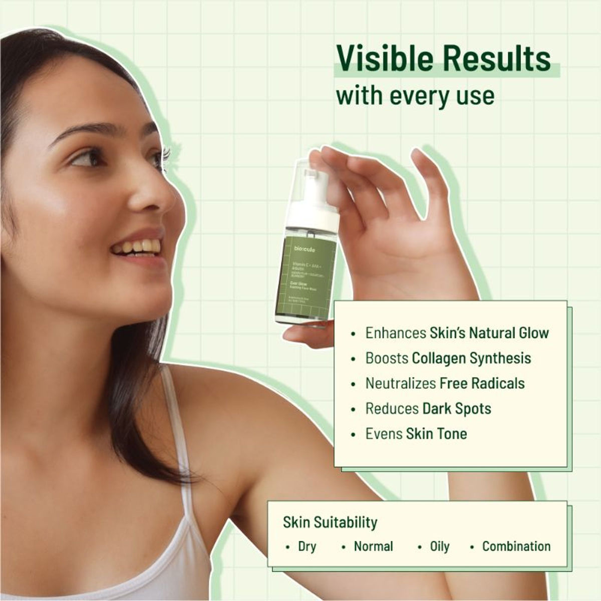 Biocule Ever Glow Vitamin C foaming face wash with AHA and arbutin, suitable for all skin types, showing the product bottle and packaging.