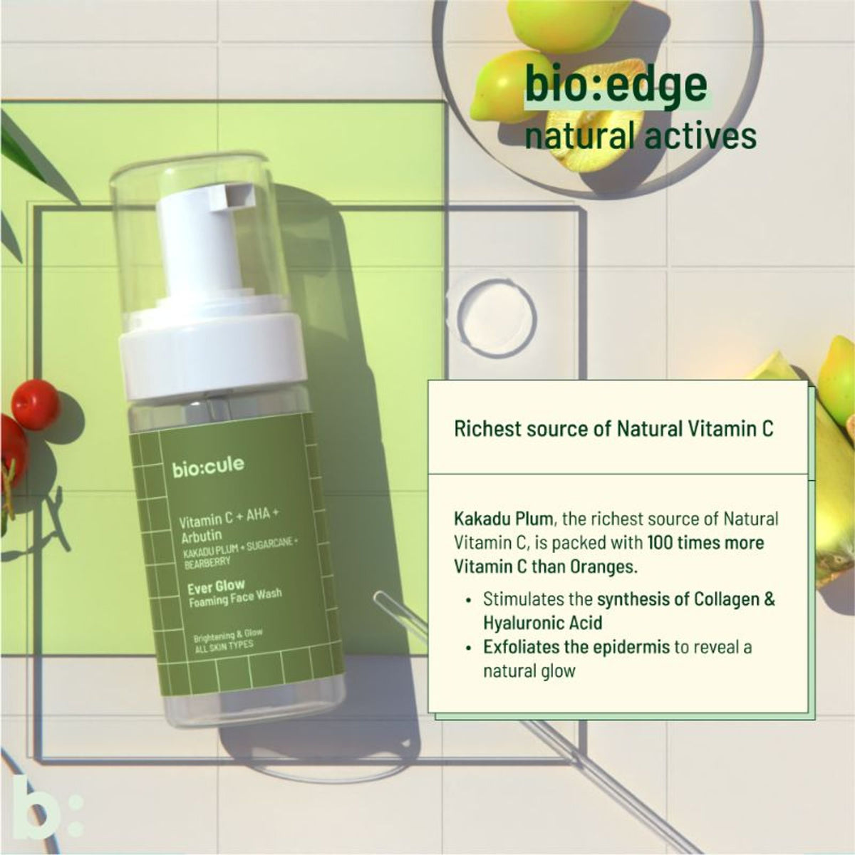 Biocule Ever Glow Vitamin C Foaming Face Wash with AHA and Arbutin for all skin types, showing the product bottle and foam lather.