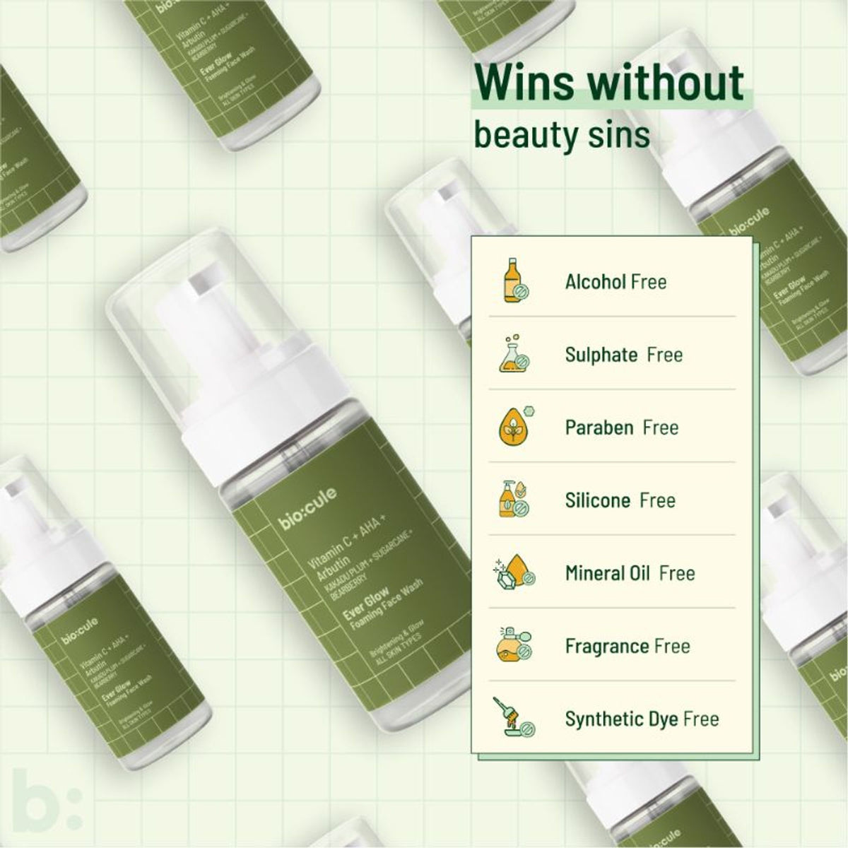 Biocule Ever Glow Vitamin C foaming face wash with AHA and arbutin, showing the bottle and product packaging on a white background.
