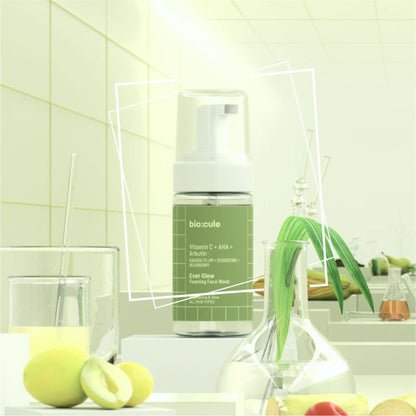Biocule Ever Glow Vitamin C foaming face wash with AHA and arbutin, gentle cleanser for all skin types, visible foaming action.
