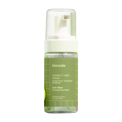 Biocule Ever Glow Vitamin C foaming face wash with AHA and arbutin for all skin types, showing the product bottle and foam.