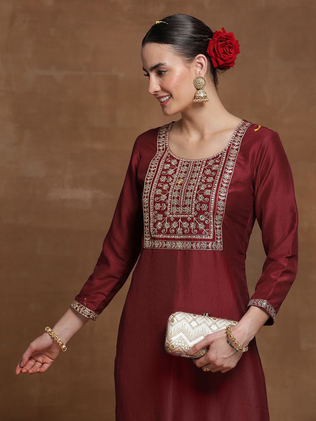 Indyancart IE Pack of 2 Ethnic Motifs Embroidered Straight Kurta