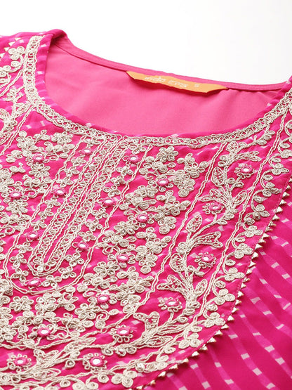 Indyancart IE Leheriya Printed Zari Kurta With Trousers & Dupatta