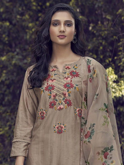 Dhiyona IE Floral Embroidered Thread Work Kurta With Trousers & Dupatta