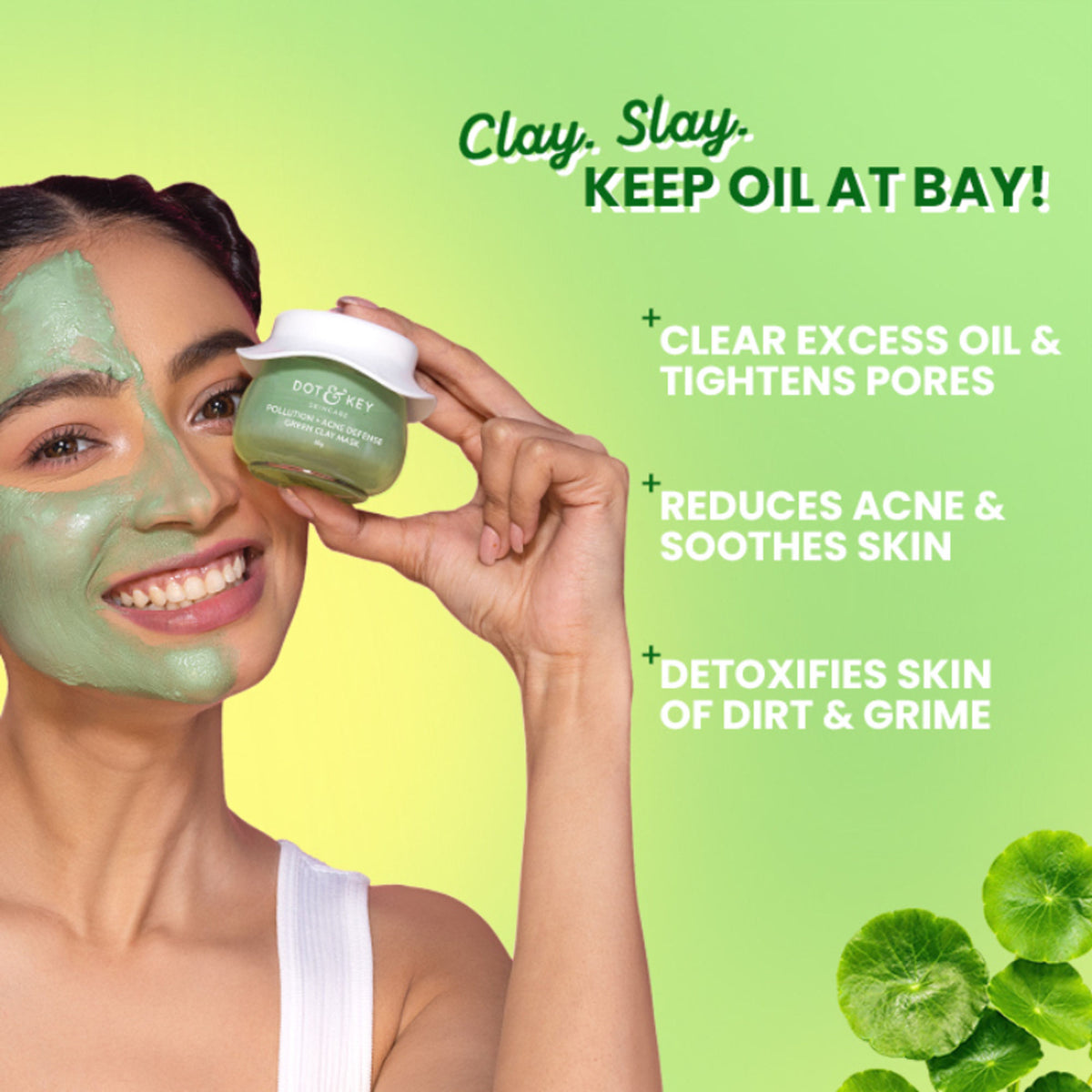 Dot & Key anti-acne salicylic green clay face mask with green clay, promoting clear skin, reducing dark spots, and balancing oil and sebum.