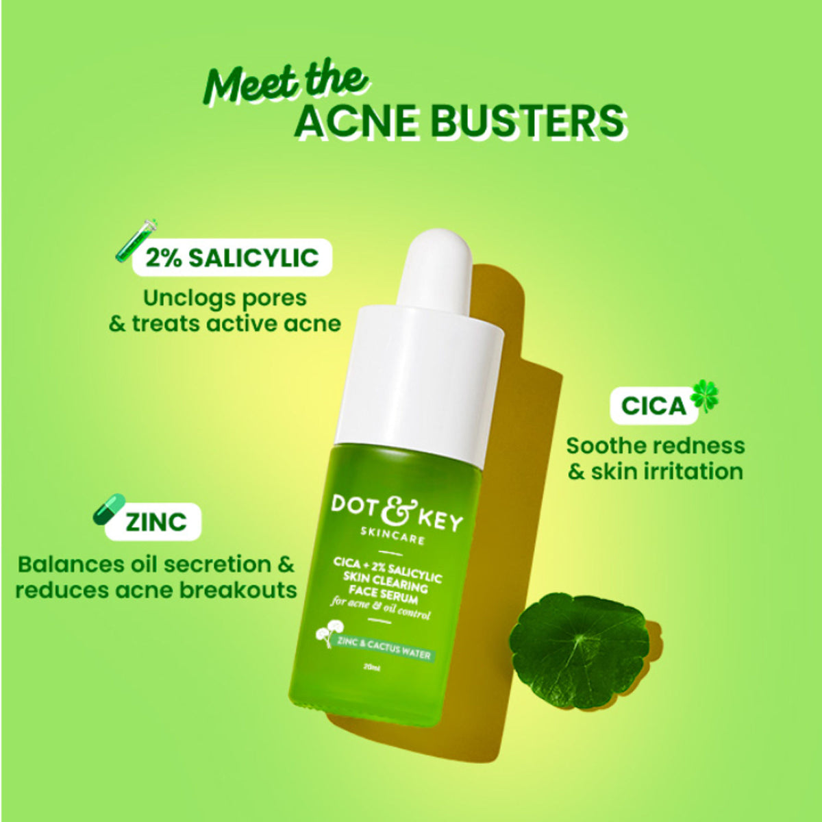 Dot & Key 2% Salicylic Cica Anti Acne Face Serum showing the clear bottle with serum and applicator brush for blemish treatment.