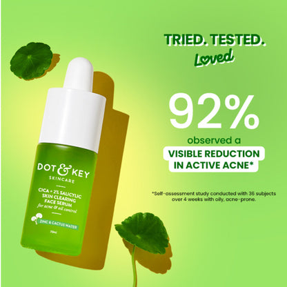 Dot & Key 2% Salicylic Cica Anti Acne Face Serum for unclogging pores and soothing skin irritation, featuring a dropper bottle design.