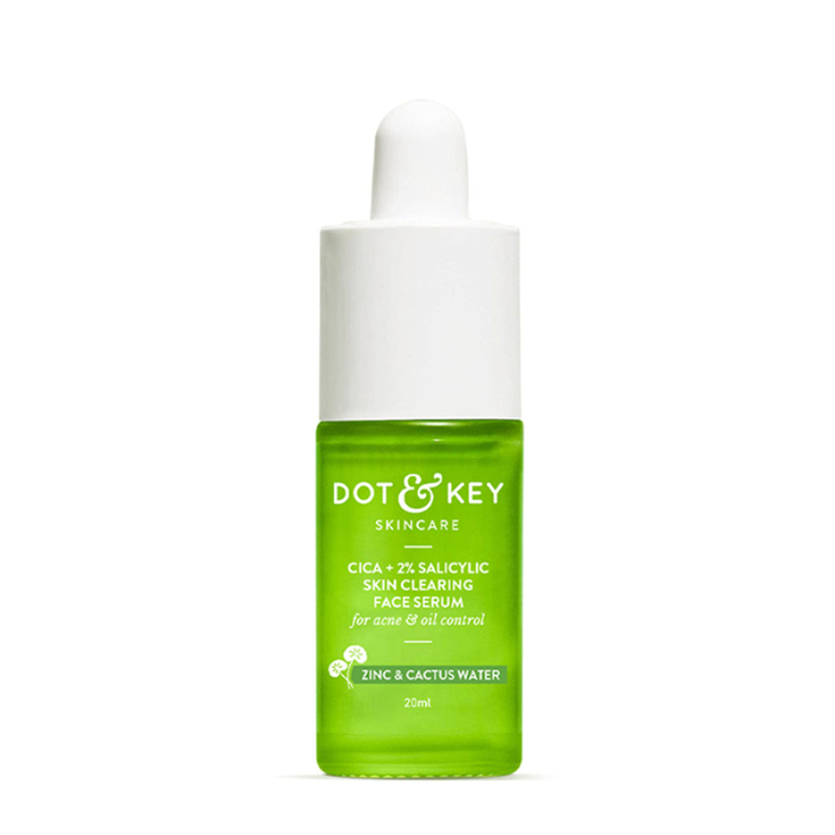 Dot & Key 2% Salicylic Cica Anti-Acne Face Serum with calming ingredients for irritation and pore unclogging, shown in the image.