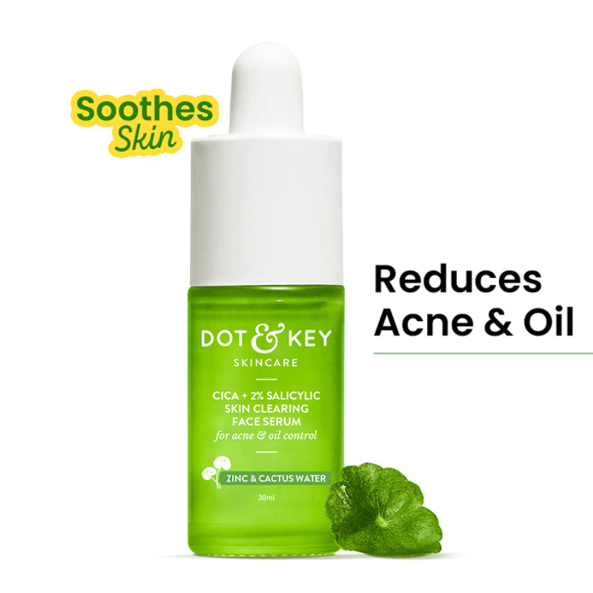 Dot & Key 2% Salicylic Cica Anti-Acne Face Serum showing the clear serum bottle with dropper applicator and product label.