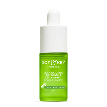 Dot & Key 2% Salicylic Cica Anti-Acne Face Serum showing the serum bottle with applicator and skincare packaging.