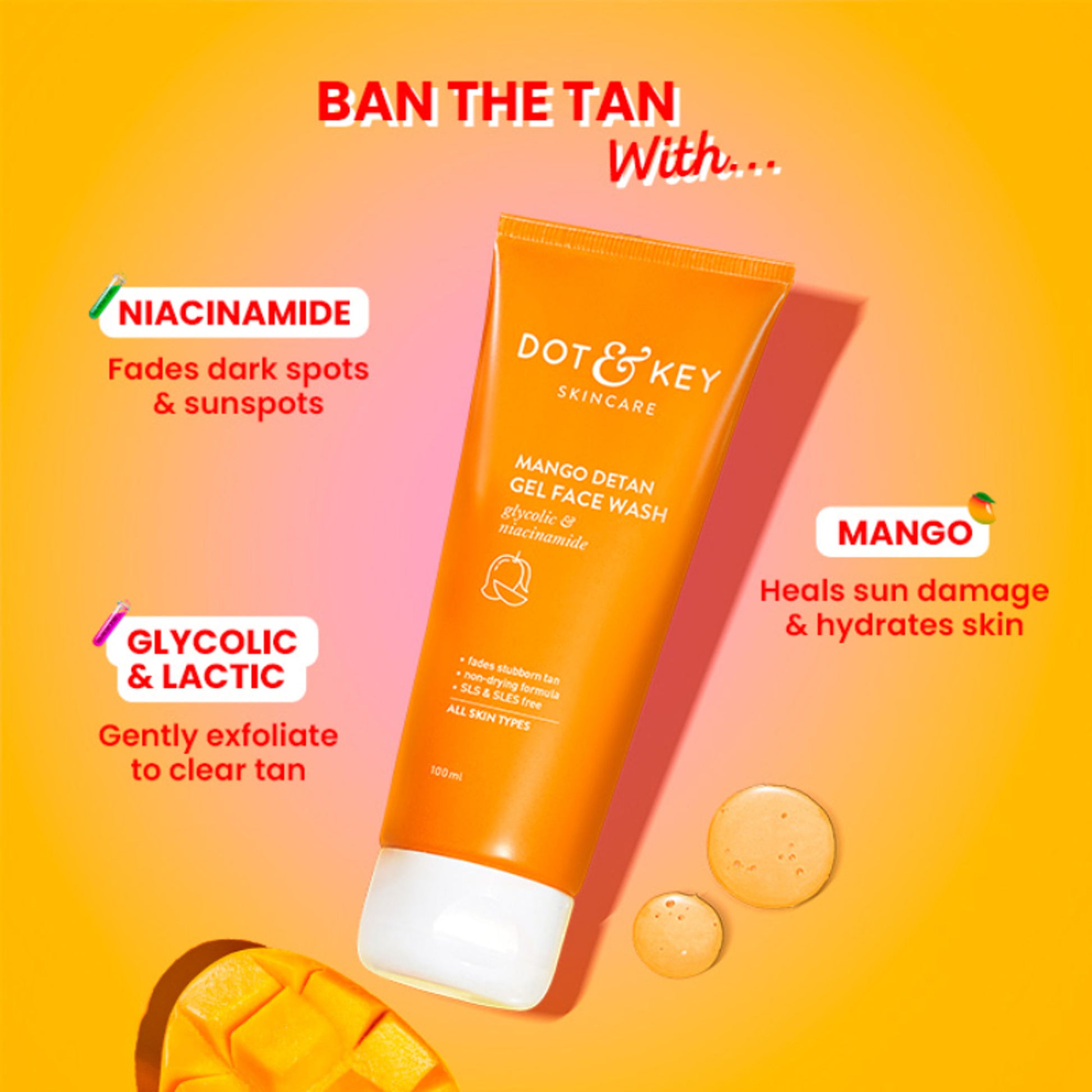 Dot & Key Mango Detan Gel Gel Face Wash, With Alpha-Arbutin & Niacinamide, Reduces Stubborn Tan