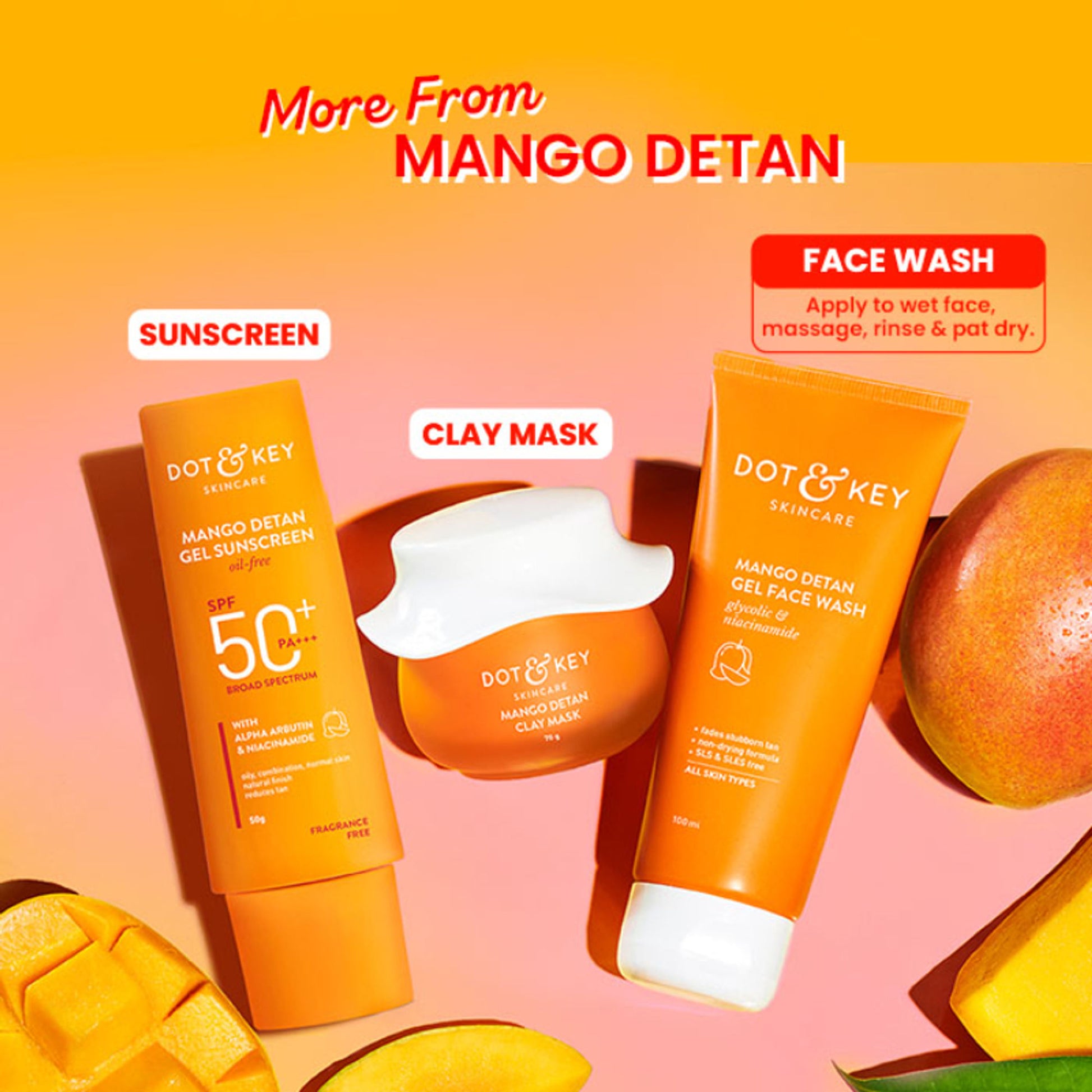Dot & Key Mango Detan Gel Gel Face Wash, With Alpha-Arbutin & Niacinamide, Reduces Stubborn Tan